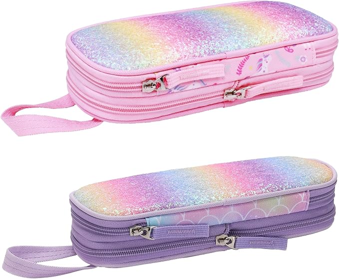 Bagseri 2 Pack Pencil Case for Girls - Expandable Cute Pencil Pouch for Kids Large Capacity Pencil Bag Organizer for School (Purple Mermaid and Pink Unicorn)