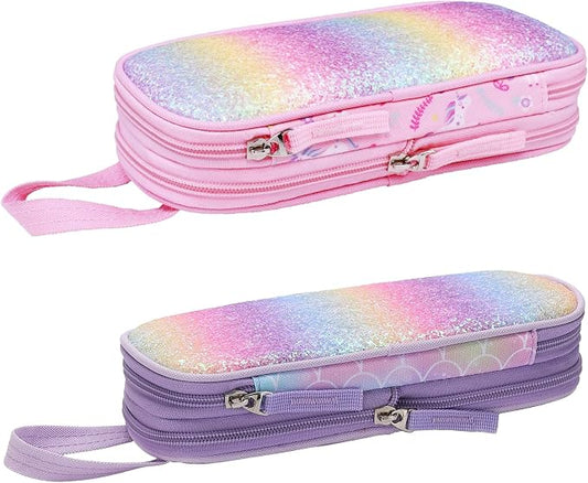 Bagseri 2 Pack Pencil Case for Girls - Expandable Cute Pencil Pouch for Kids Large Capacity Pencil Bag Organizer for School (Purple Mermaid and Pink Unicorn)