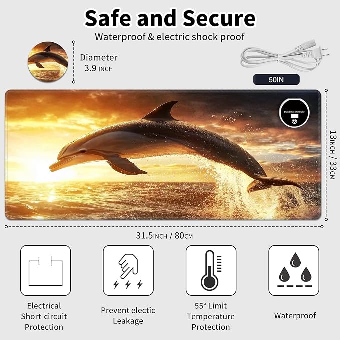 Warm Desk Pad,Heated Desk Pad,Office Mat,3 Heating Levels & 3 Hours Auto Shut-Off,31.5"*13" Gaming Mouse Laptop Keyboard Leather Desk Mat,Dolphin Sunset