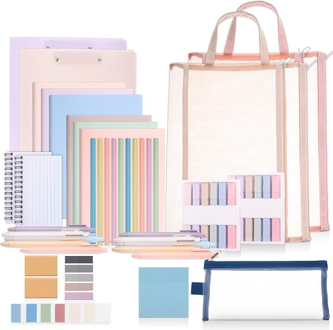 Colarr 54 Pcs Aesthetic College School Supplies Back to School Set,Macaron | 3 A5 + 3 B5 Lined Notebook, 12 Gel Pen, 12 Pencil, 12 Highlighter, Sticky Tabs, Folder Storage Bag, Journal Stationery Set