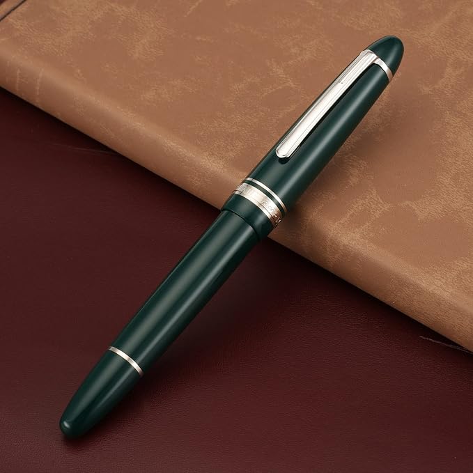 erofa Majohn P136 Piston Fountain Pen 1.1mm Stub Nib with Box, Green Resin Writing Gift Pen Set