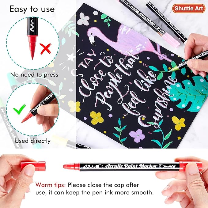 Shuttle Art 36 Colors Dual Tip Acrylic Paint Markers, Brush Tip and Dot Tip Acrylic Paint Pens for Rock Painting, Ceramic, Wood, Canvas, Plastic, Glass, Stone, Calligraphy, Card, DIY Football Crafts
