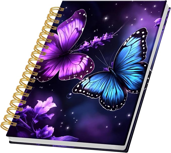 KZYVFNPQ Spiral Journal Notebook for Women Men, A5 Cute Hardcover Lined Notebook with Strong Binding,College Ruled Notebook for Office Work Writing(Purple Blue Butterfly Floral Stars)