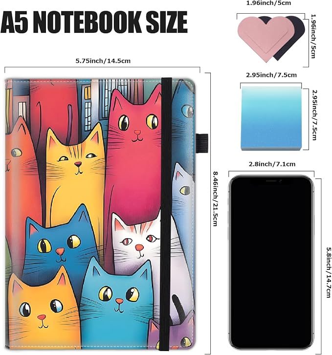 Hardcover Executive Notebooks, A5 PU Leather Lined Journal Notebook, 200 Pages Thick Paper Subject Notebooks for School,Work,Home Writing Business Notebook, Diary Book ，Colorful Cat Vintage