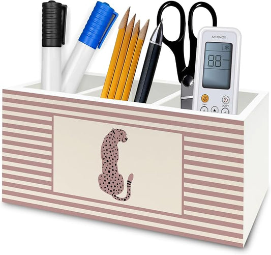 Trendy Retro Leopard Pen Pencil Holder Organizer for Desk, Pink Striped Leopard Wild Animal Wooden Box Signs Decorations for Girls Room Bedroom Desk Tabletop, Cheetah Gifts for Women Men