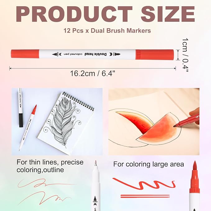 PATIKIL 12Pack Dual Brush Markers, Bright Red Watercolor Fine and Brush Tips Pens Colored Marker Calligraphy Coloring Art Supplies Set for Coloring Book Illustration Sketching Journaling