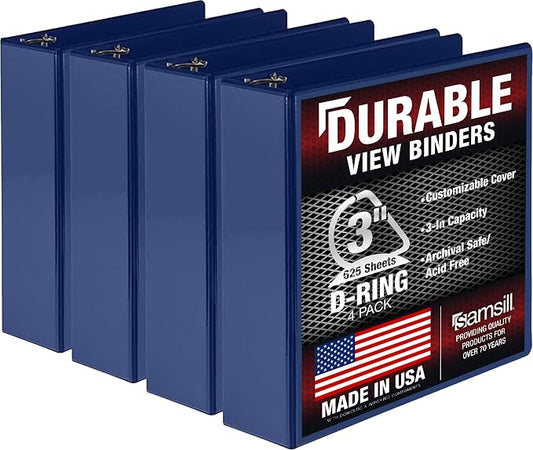 Samsill Durable 3 inch 3 Ring Binder, D Ring Binder, 100% Recycled Chipboard, Blue, 4 Pack