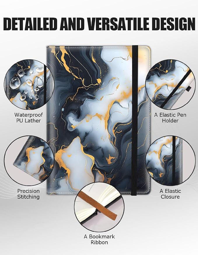 Hardcover Executive Notebooks, A5 PU Leather Lined Journal Notebook, 200 Pages Thick Paper Subject Notebooks for School,Work,Home Writing Business Notebook, Diary Book ，Black White Gilded Marble