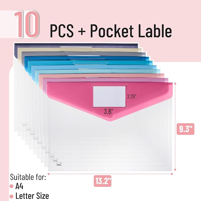 Mr. Pen- Clear Plastic Envelopes File Folders, 10 Pack, A4, Letter Size | Colorful Flaps, Clear Folders for Documents Plastic Poly Envelopes with Label for School, Home, Work, Office, Organizer