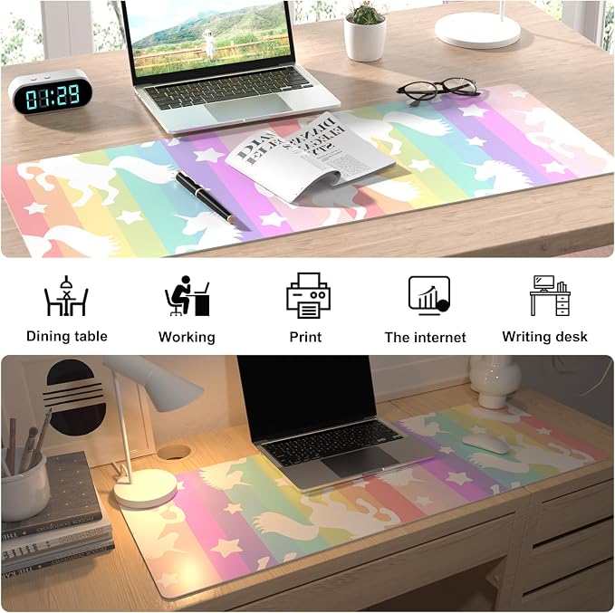 Colorful Star Unicorn Rainbow PU Leather Waterproof Desk Pad, 31.5" x 11.8" | Girls Women Cute Desk Mat, Rainbow Desk Accessories Kawaii Office Décor, Non-Slip Large Writing Mat for Kids