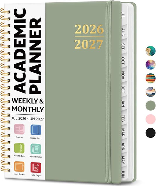 Academic Planner 2026-2027, Weekly and Monthly Calendar Planner Book, July 2026 – June 2027, Hardcover Organizer with Tabs, Perfect for Teachers, Students, Women & Men, A5 (6.4" x 8.5") - Green