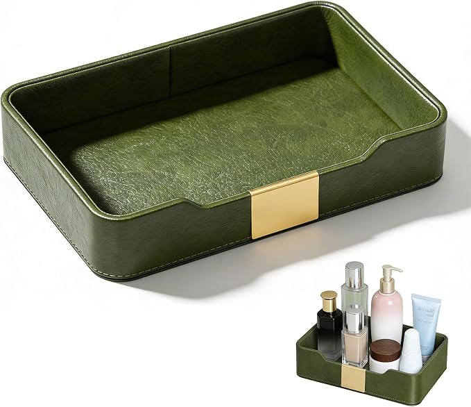 Green Luxury Leather Jewelry Tray - Stylish Desk Accessories & Nightstand Organizer for Holding Jewelry, Watch, Keys, Phone & Wallet (Entryway/Desktop Decor)