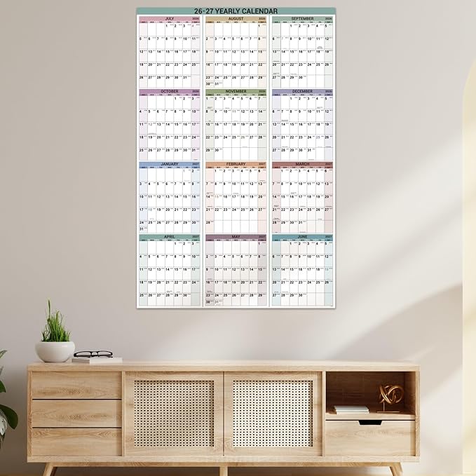 2026-2027 Yearly Wall Calendar - Jul. 2026 - Jun.2027, 34.4" x 22.8" (Open) | Wall Calendar 2026-2027 with Round Sticks, Thick Paper, Vertical