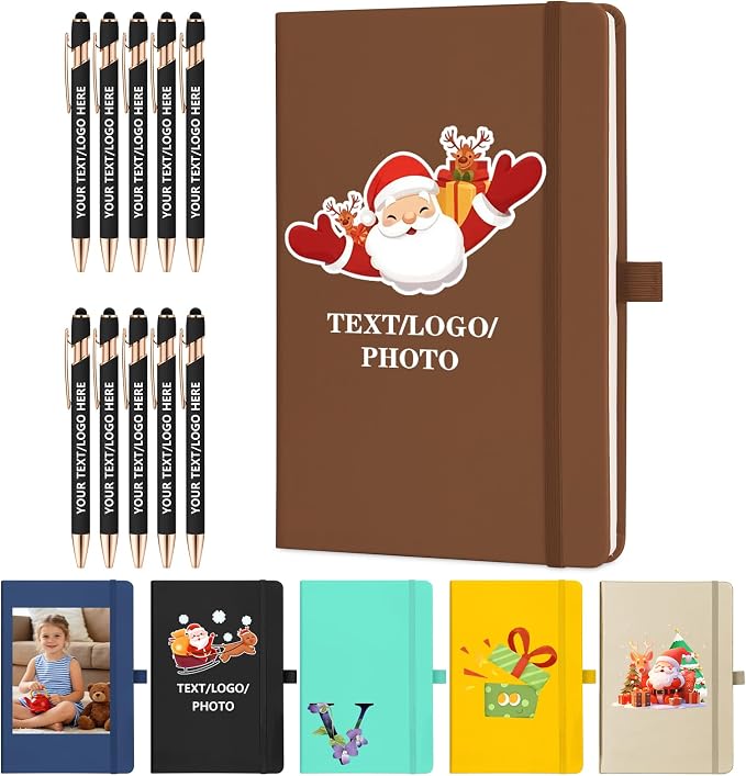 ENOMY Personalized Notebook & 10 PC Pens Gift Set Custom Notebook Journal A5 200 Pages A5 Lined Journal for Men Women Hardcover Notebooks for Work College Graduation Gifts, Brown