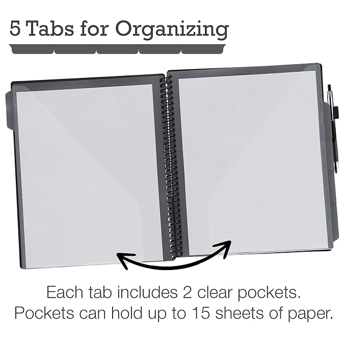 Samsill Spiral Folder Organizer - 5 Dividers & 10 Pockets with Notepad Holder, Multi Pocket Color Cordinated Folder Binder with Customizable Tabs, Document Organizer (Grey)