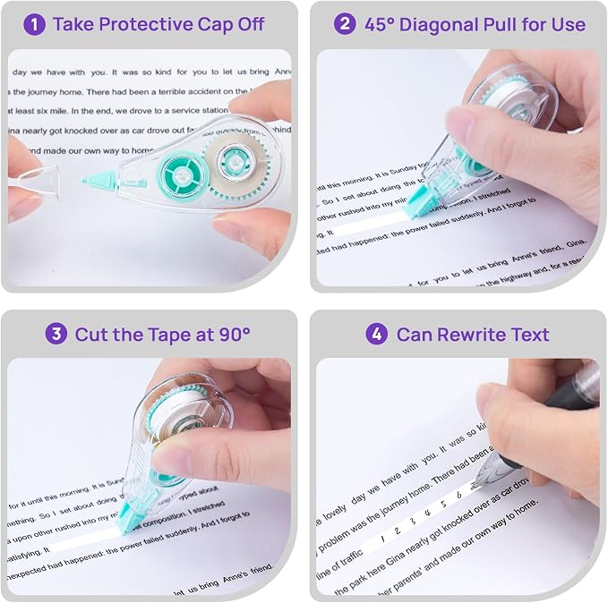 24 Pcs Colorful Core Correction Tape, 18.04 Ft White Wrong Out Tear-Resistant Bulk, Instant Corrections Easy To Use Applicator for School, Office, Note Taking, Journal (Tape Width 0.2 in)