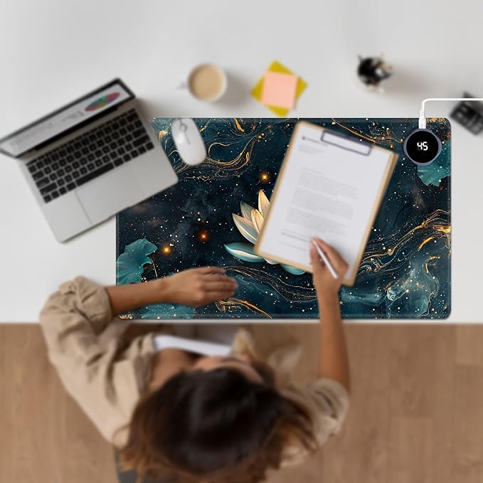 Heated Desk Pad Large Mouse Pad 23.6 x 14.1 inch with 3 Levels Heating & Auto Shut-Off Warm Mouse pad PU Leather Computer Mousepad for Home Office Work - Lotus Flowers
