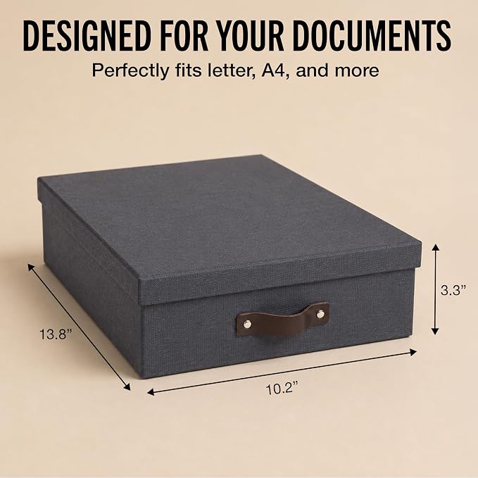 Bigso Oskar Canvas Fiberboard Document Letter Box for Important Paperwork A4 or Letter Size - Durable Keepsake Box with Lid and Leather Handle - 3.3in x 10.2in x 13.8in - Black
