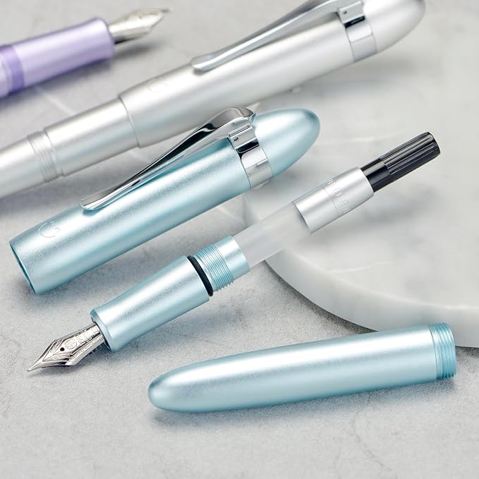 HONG DIAN M1 Fountain Pen Fine Nib, Ice Blue & Submarine Shape Aluminium Short Mini Pocket Travel Pen