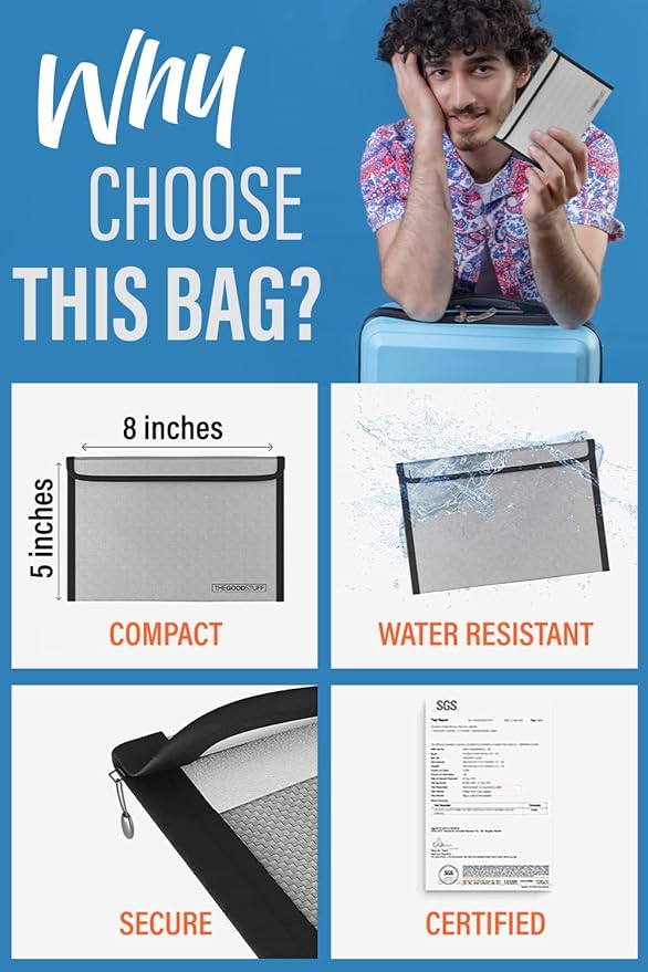 Fireproof Cash Envelope - Fast, Compact Protection for Valuables | 8 x 5 Inch, 2000°F Rated - Zippered Water-Resistant Pouch Keeps Cash, Passports, Jewellery and Small Documents Together