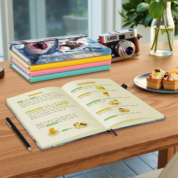 Hardcover Executive Notebooks, A5 PU Leather Lined Journal Notebook, 200 Pages Thick Paper Subject Notebooks for School,Work,Home Writing Business Notebook, Diary Book ，Cat with Guns Riding Shark