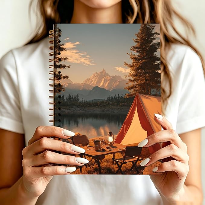 Mountain Forest Camping Journal Notebook 5.5x8.3, Camping Lover Gifts Journal for Women Men, Camper Gifts, Cozy Sunset Lake Landscape Notebooks for Work