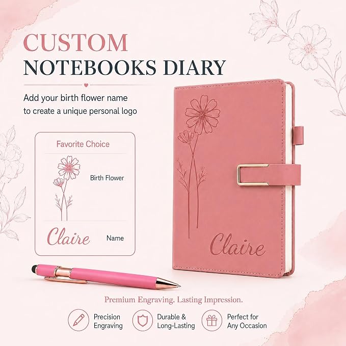 CRME Personalized Birth Flower Notebook, Custom Name Engraved Leather Journal, A5 Writing Journal Gift for Women, Mom, Sister, Teacher, Friend
