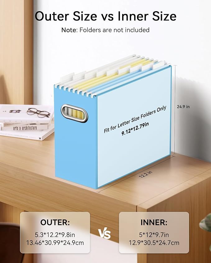 Oterri File Organizer Box, Portable Collapsible Cardboard File Folder Organizer with Handle for Letter Size Hanging Files, Document Storage Box for Home Office & Classroom (4 Packs, Blue)