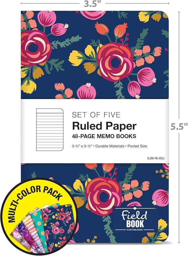 Elan Publishing Company Assorted Pattern Field Memo Notebooks, 3.5x5.5 in Ruled Lined Office Notepads for Nurses, Teachers, and Students, Small and Easy to Carry Pocketbook, Quick Note Taking, 5 Pack