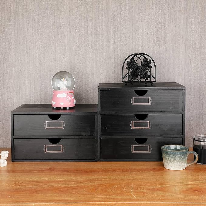 Large Wooden Drawers Wooden Box with Drawer Black | 3 Drawer Storage Box for Apothecary Cabinet, Apothecary Drawers，Desktop Organizer with Metal Handles for Office，Home