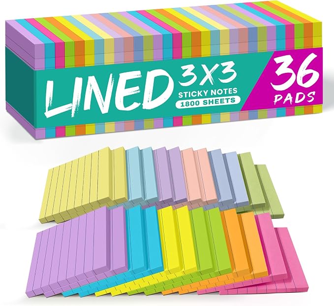 Lined Sticky Notes, 3x3 Inches, 36 pad, Self-Stick Note Pads for Office, Study & Daily Organization, Ideal for Notes and Reminders - Bright