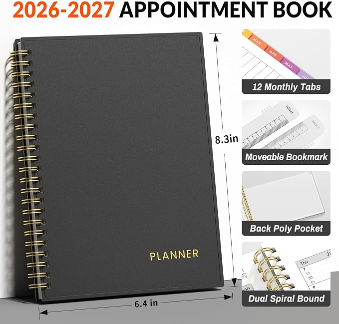 SUNEE 2026-2027 Appointment Book, Quarter-Hourly, Weekly & Monthly - from July 2026 to June 2027, 6.4"x8.3" Academic Planner, Flexible Cover, Note Pages, Bookmark, Spiral Binding, Black