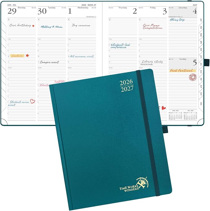 POPRUN 2026-2027 Academic Planner, Large Size 8.5" x 10.5", Weekly and Monthly Calendar, July 2026 to June 2027, Hardcover Appointment Book with Vertical Layout, Hourly Time Slots, Monthly Tabs - Pacific Green