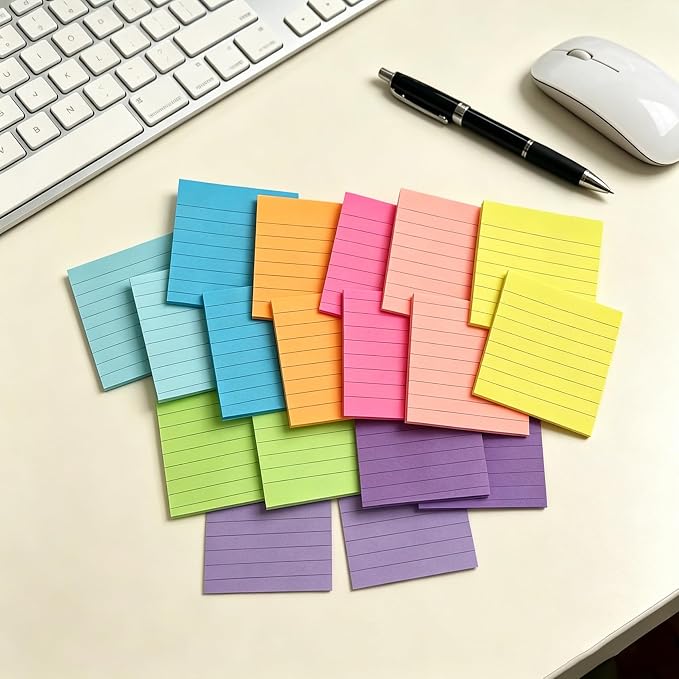 Lined Sticky Notes, Sticky Notes with Lines 18 Pads 9 Colors 3x3 50 Sheets Large Self-Stick Lined Stickies College Ruled Note Pads Teacher Back to School Supplies and Oﬃce Products