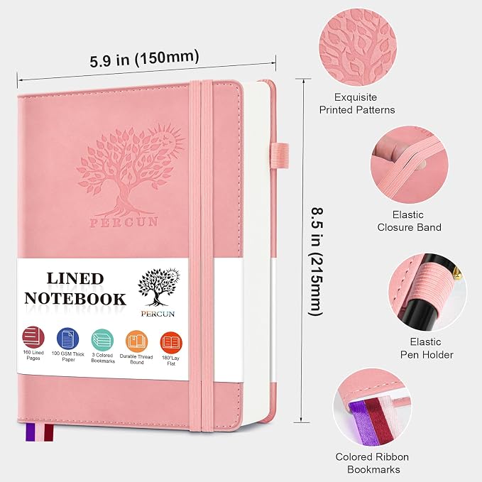 PERCUN A5 Leather Notebook Journal, 160 Lined Pages, 5.9" x 8.5" Pink | Leather Journal for Men Women, Hardcover Notebooks for work, school, business, travel diary, Note taking & Daily Journaling