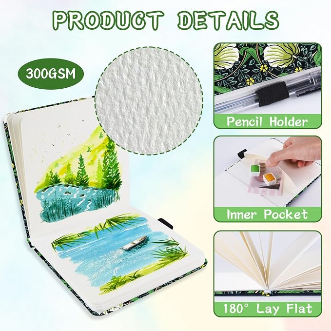 5x5 Handy Portable Handmade Cloth Fabric Hardcover Sewing Binding Travel Watercolor Paper 140LB/300gsm 20Sheets/40Pages Journal Mixed Media Pad Sketchbook. Morris Vine