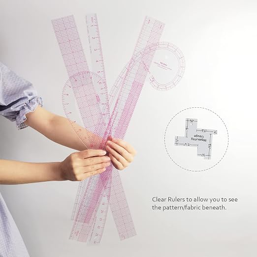 Imperial Sewing Ruler & French Curves for Pattern Making Drafting, Clear Plastic Fashion Designer Ruler Kit in Inches (6-Piece Set)
