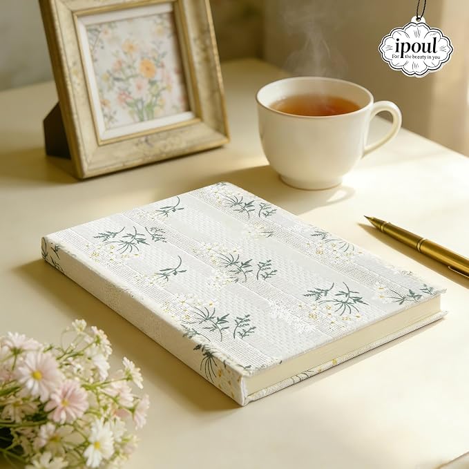 Floral Journal for women, Floret Printed Fabric Cloth Hardcover, A5, 200 Pages, 6x8 Medium Ruled Notebook, Similar Embroidered Linen Journal, Lay Flat Church Notes Notebook, Beige