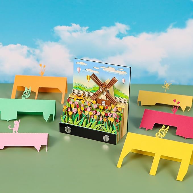 3D Memo Pad, Windmill 3D Notepad Paper Carving Non-Stick Sticky Notes Cute Silhouette, 3D Art Memo Pad Paper Art with Lights DIY Desk Decoration Gift