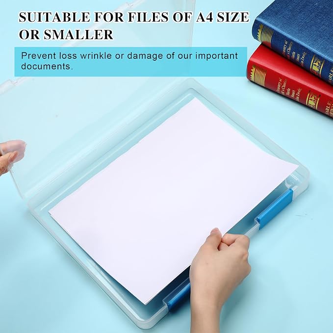 PerKoop 6 Pcs Clear Paper Storage Box,12.4 x 9.84 x 1.18 Inches,Blue | A4 Plastic File Box Document Paper Organizer Storage Board Game Project Cases Containers with Buckle for Craft, Magazine