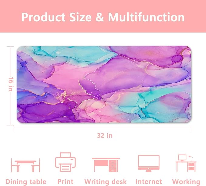 Britimes Purple Blue Marble Desk Mat Golden Painting Deak Pad Non-Slip PU Leather Large Keyboard Mouse Pad Office Desktop Accessories for Office,Work,Home Decor(31.5"X15.7")