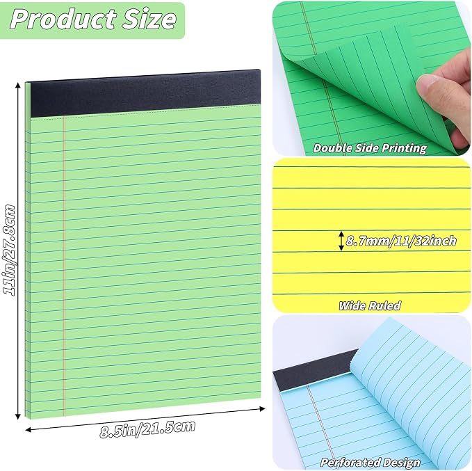 Oleitodh 36 Pack Legal Pads 8.5 x 11 Wide Ruled Colored Note Pads | 30 Sheets Per Pad, Micro-Perforated, 80 GSM Paper, Smooth Writing, School, Office, Home, Meetings, Note Taking