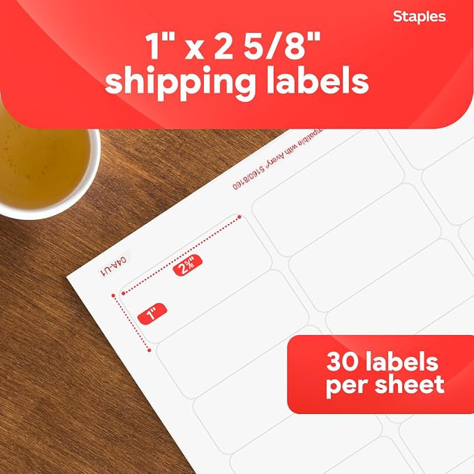 Staples 1" x 2-5/8" Address Labels, White – Printable Laser & Inkjet Mailing Labels, 750 Labels per Box