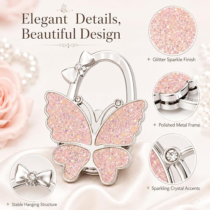 Purse Hook for Table, Foldable Handbag Hanger for Women, Portable Bag Holder with Non-Slip Base, Cute Bling Pink Glitter Butterfly Purse Table Hook for Restaurant Office Travel Gift