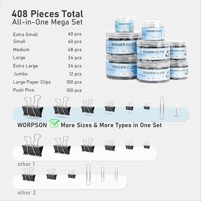 408 PCS Binder Clips Paper Clamps Assorted Sizes and Push Pins, Binding Paperwork Clamp Bulk, School Teachers Office Supplies (Black)