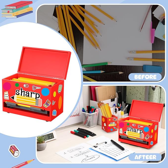Mifoci 8 Pcs Wooden Pencil Dispenser Kit for Classroom Wooden Pen Holder Straw Dispenser Sharp and Dull Letter Stickers for Teachers Classroom Supplies Storage (Red)