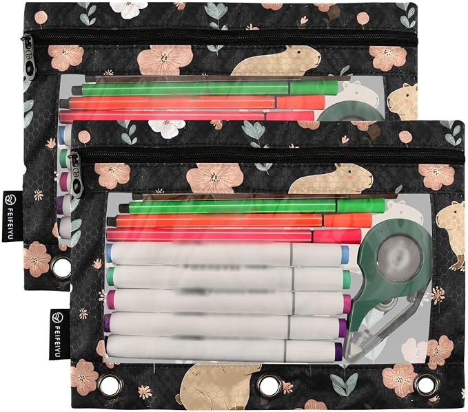 Gredecor Binder Pencil Pouch 3 Ring Capybara with Flowers Daisy Zipper Pencil Pouches Case 2 Pack Clear Binder Organizer for School Office