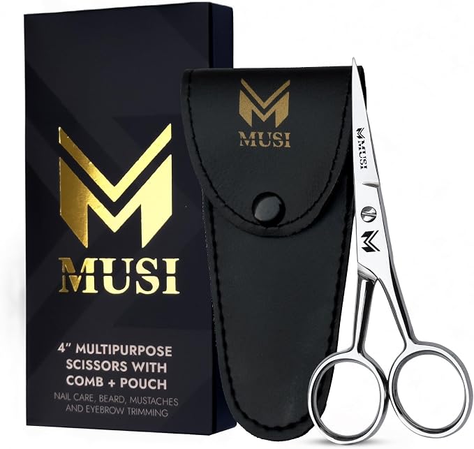 MUSI 4 Inch Eyebrow Scissors - Muti-purpose Small Scissors for Mustache, Beard, Nose Hair, Nail, Ear & Eyelash Trimming - Professional Stainless Steel Mini Grooming Scissors for Men Women with Comb