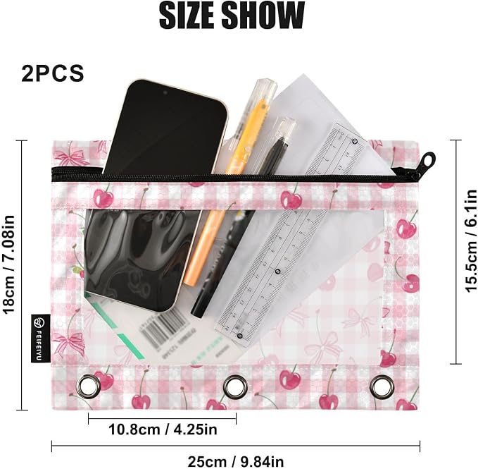 Binder Pencil Pouches Bow and Cherry Pen Case | Clear Window 3 Rings, Cosmetic Bags School Office Supplies Cosmetic Makeup Bag 2 Psc