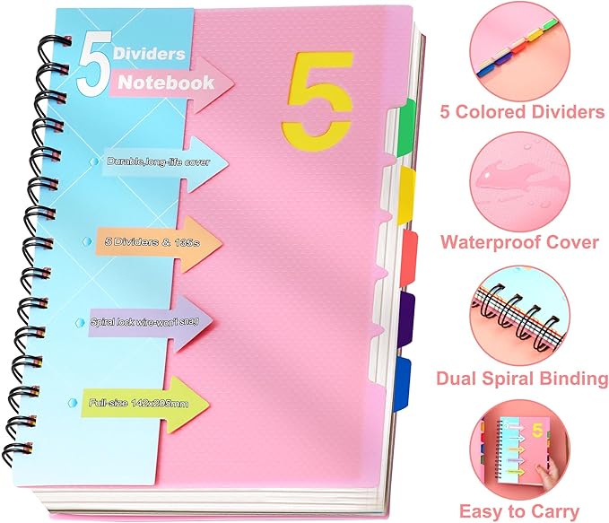 CAGIE 2 Pack 5 Subject Notebook, Small Spiral Notebook with Tabs | 6.1'' x 8.2'', A5 Spiral Notebooks College Ruled for Women, 240 Pages Note book for School Note Taking, Pink